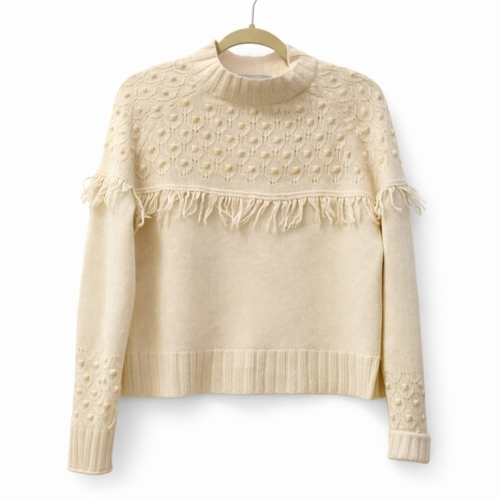 Hannah Rose Vintage Cream Nubby Fringed Wool Cashmere Cowl Neck Sweater